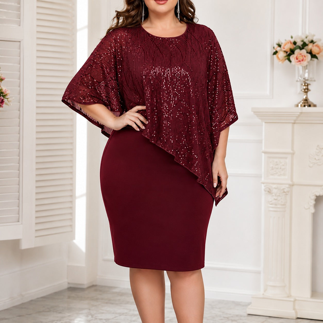 Liz™ Midi Dress with Asymmetrical Overlay, Shimmering Details and Rounded Neckline