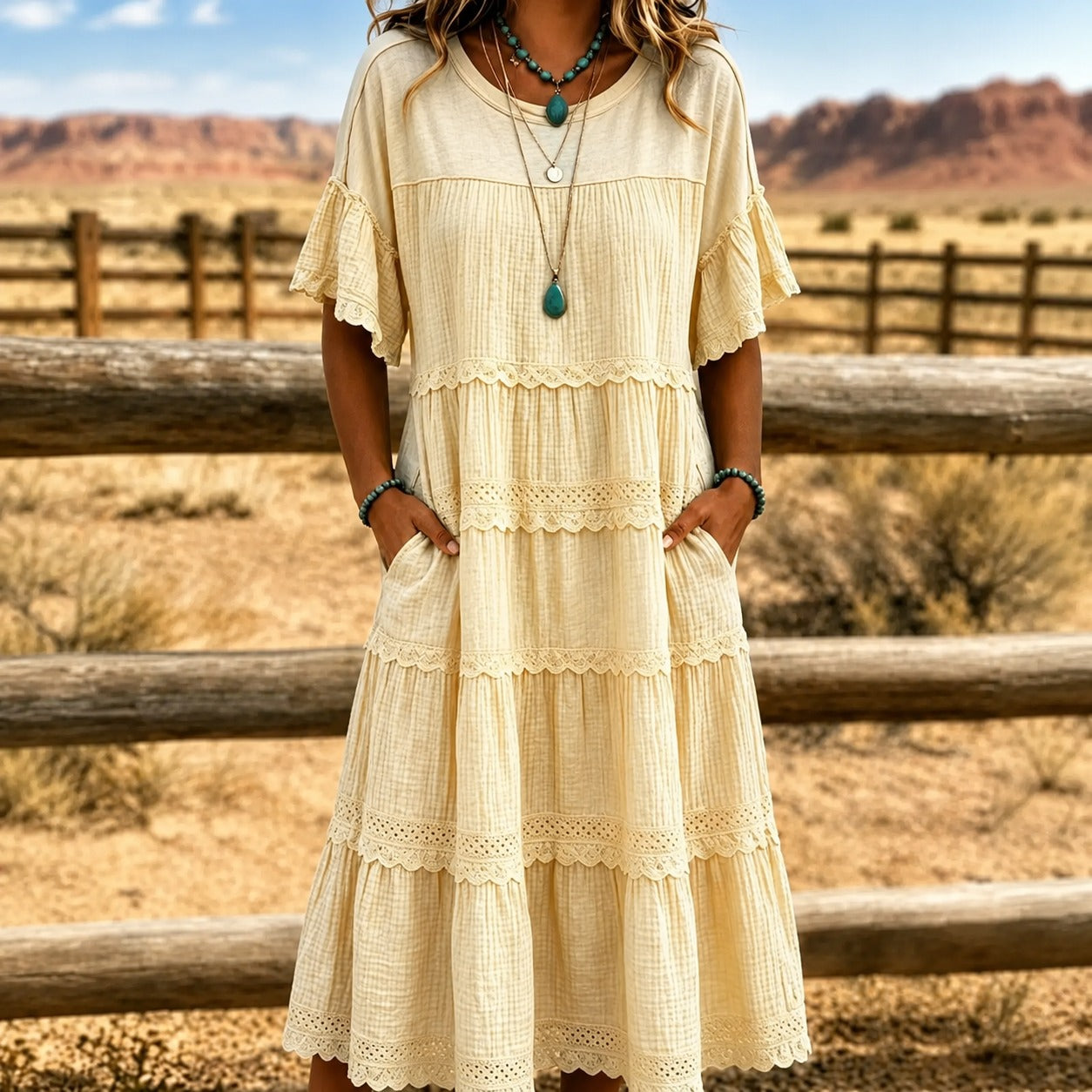Dress Meadowlyn™ with Tiered Skirt, Lace Trim and Side Pockets
