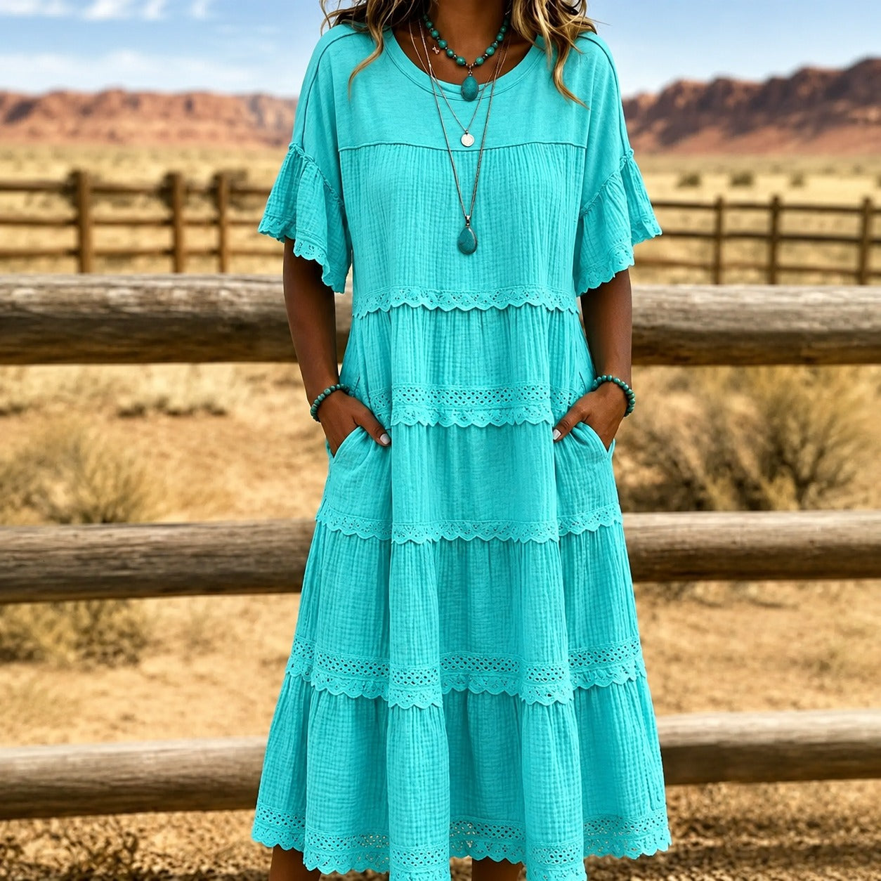 Dress Meadowlyn™ with Tiered Skirt, Lace Trim and Side Pockets