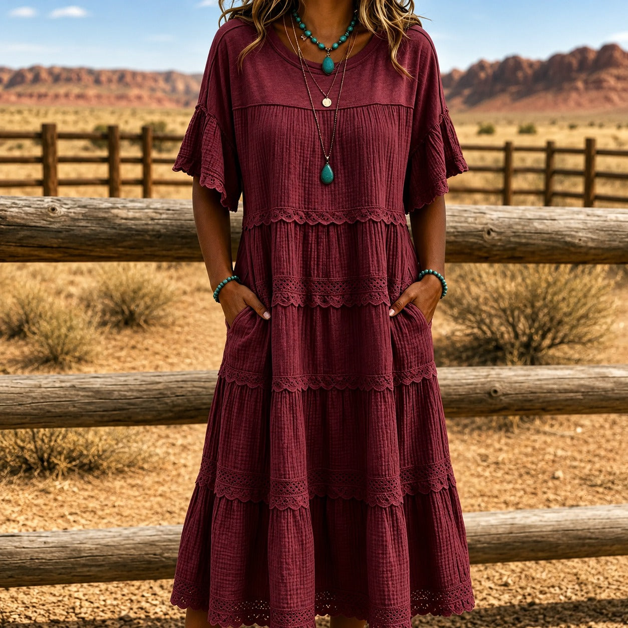 Dress Meadowlyn™ with Tiered Skirt, Lace Trim and Side Pockets