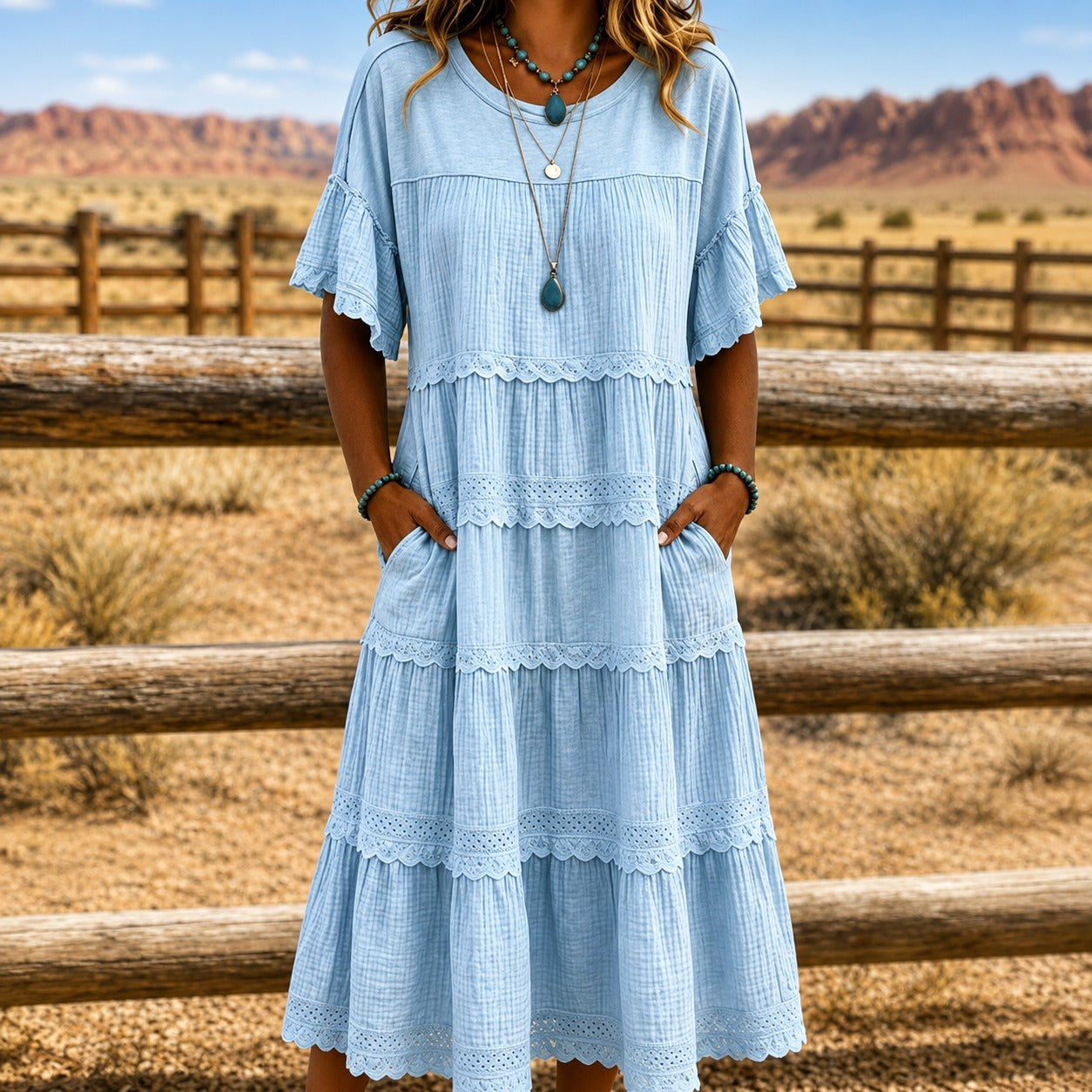 Dress Meadowlyn™ with Tiered Skirt, Lace Trim and Side Pockets
