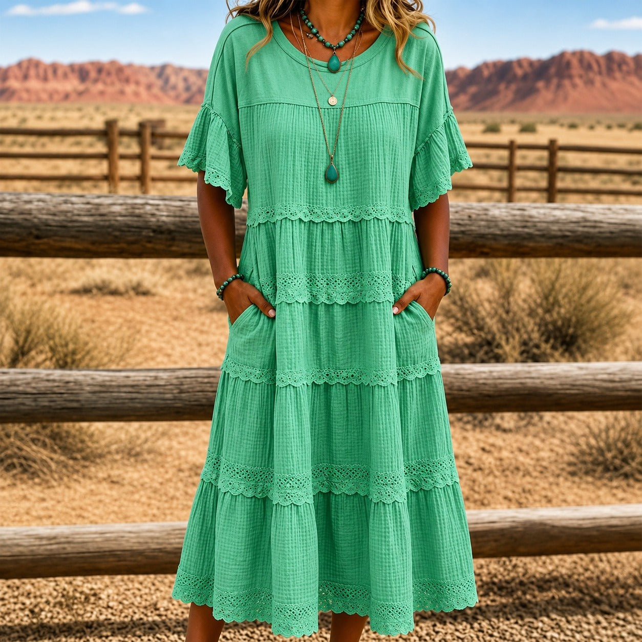 Dress Meadowlyn™ with Tiered Skirt, Lace Trim and Side Pockets