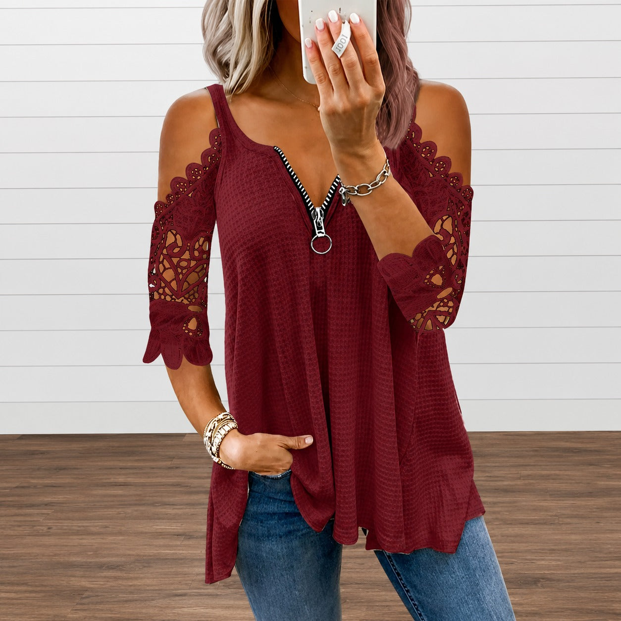 Blouse Natalie™ with Floral Lace Sleeves and Front Zipper