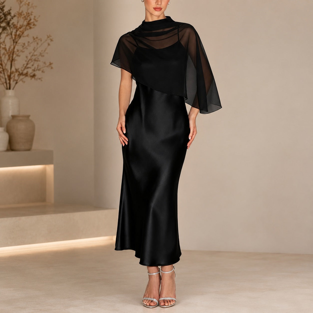 Dress Celeste™ with Sheer Asymmetrical Overlay and Satin Finish
