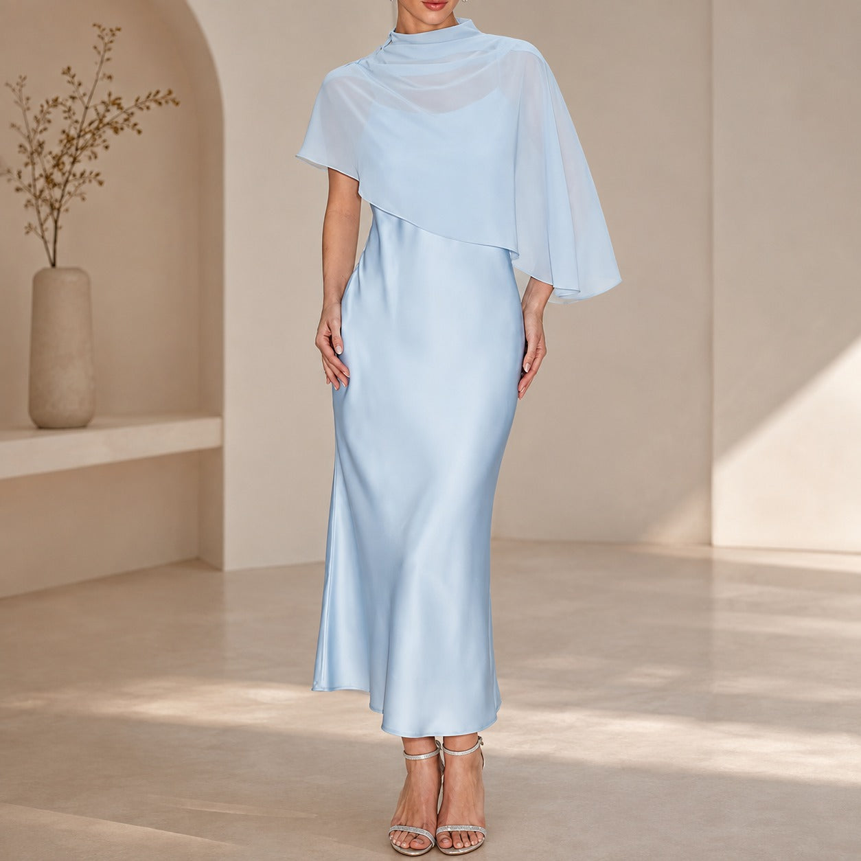 Dress Celeste™ with Sheer Asymmetrical Overlay and Satin Finish