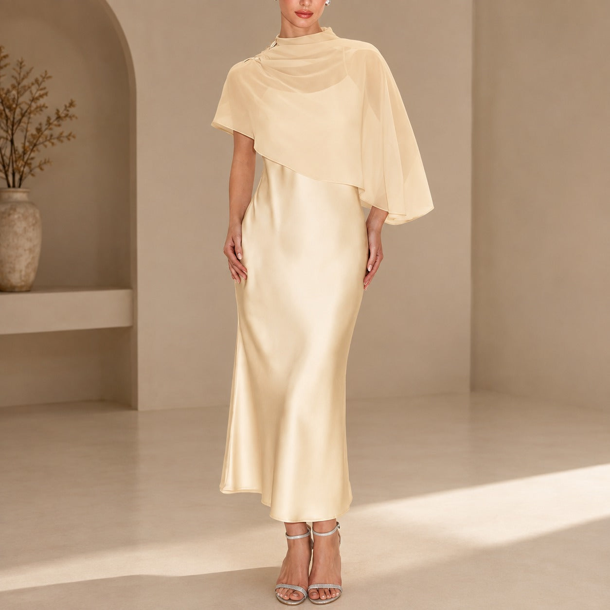 Dress Celeste™ with Sheer Asymmetrical Overlay and Satin Finish
