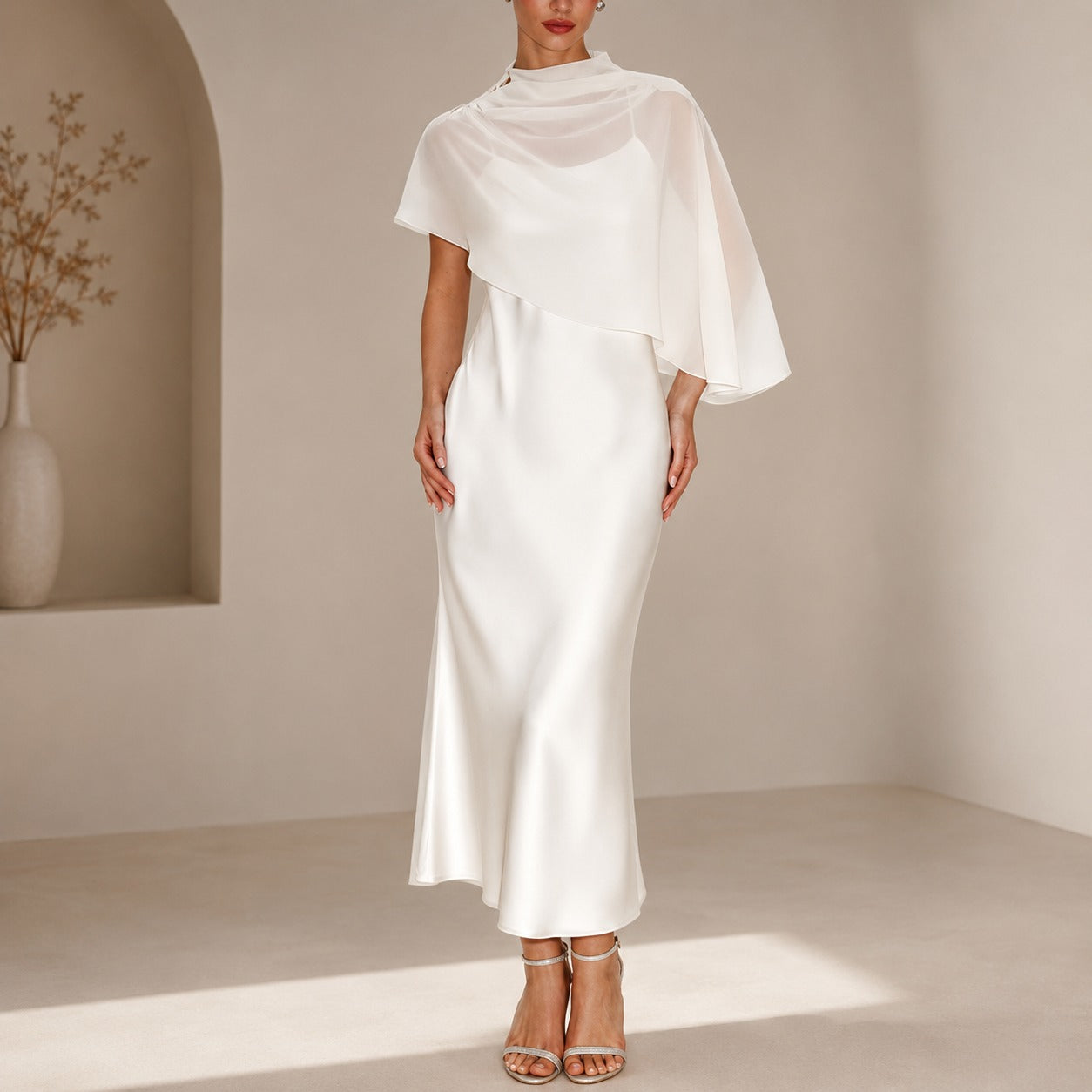 Dress Celeste™ with Sheer Asymmetrical Overlay and Satin Finish