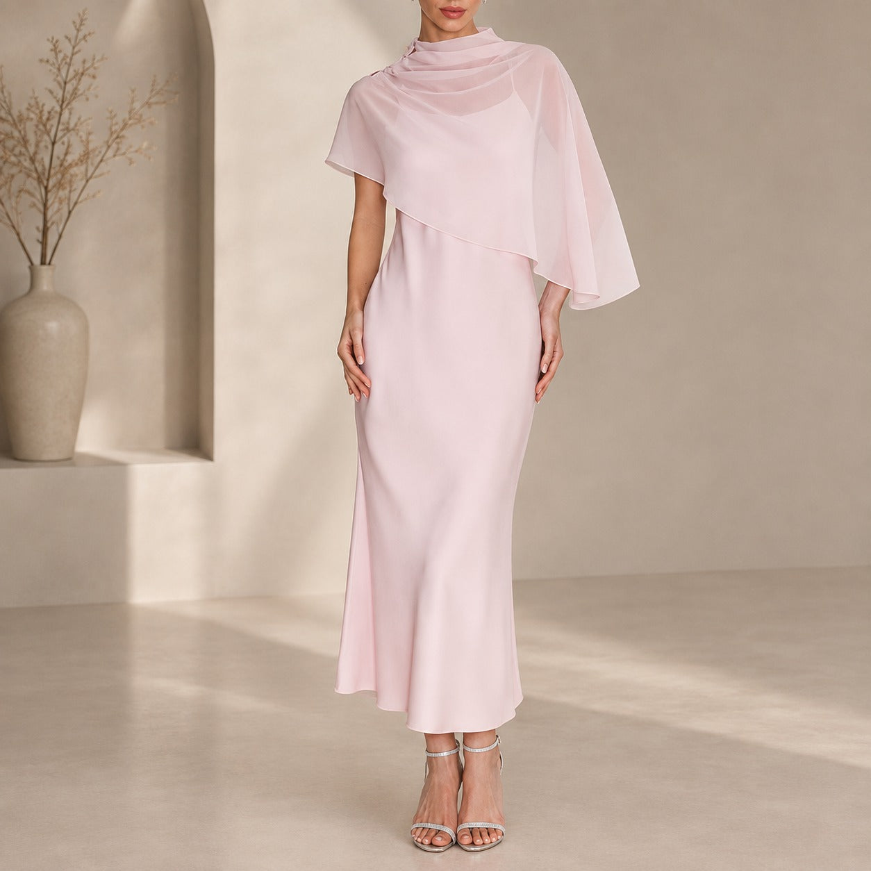 Dress Celeste™ with Sheer Asymmetrical Overlay and Satin Finish