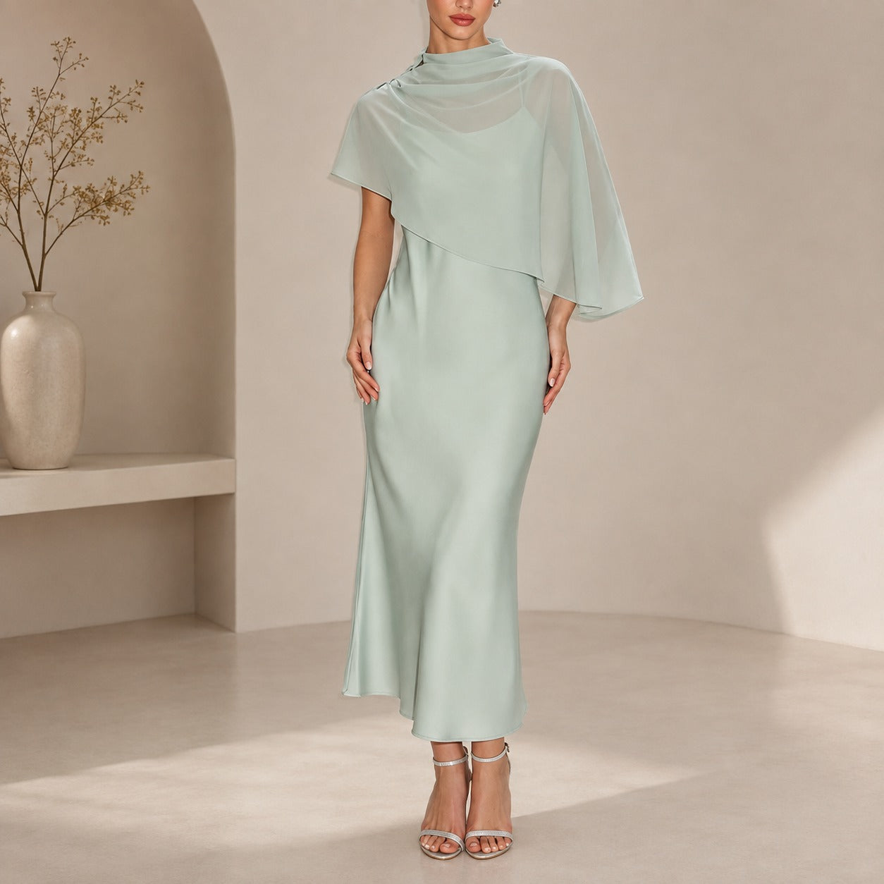 Dress Celeste™ with Sheer Asymmetrical Overlay and Satin Finish