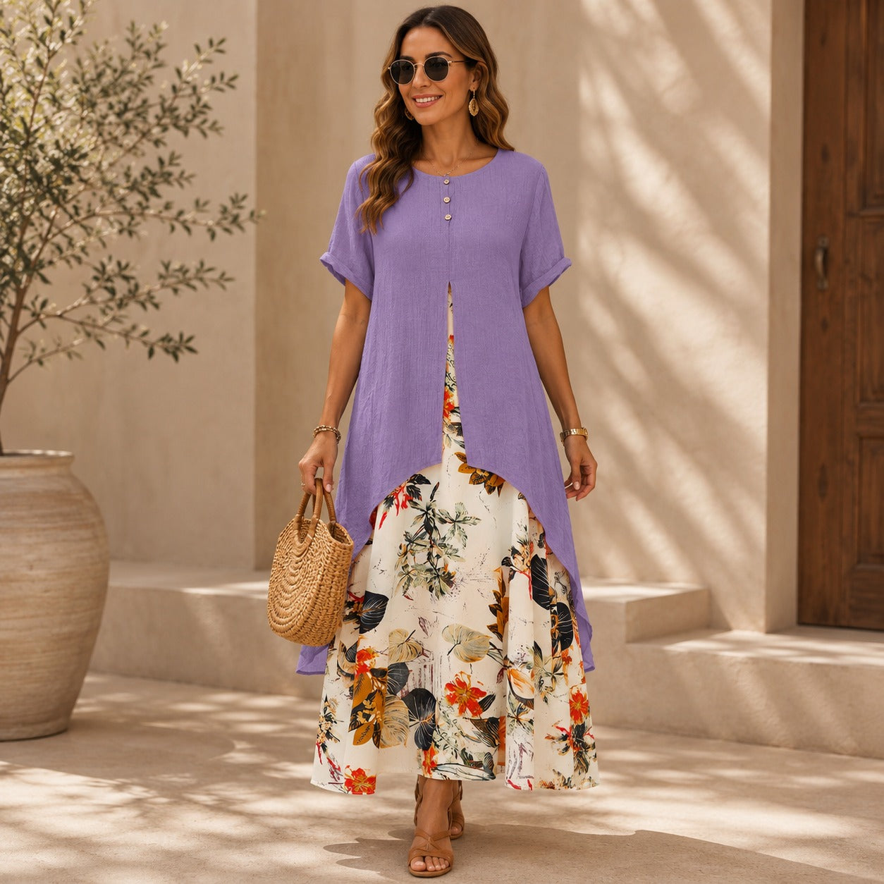 Dress Elisabeth™ Two-Piece Effect with Long Overlay and Floral Skirt