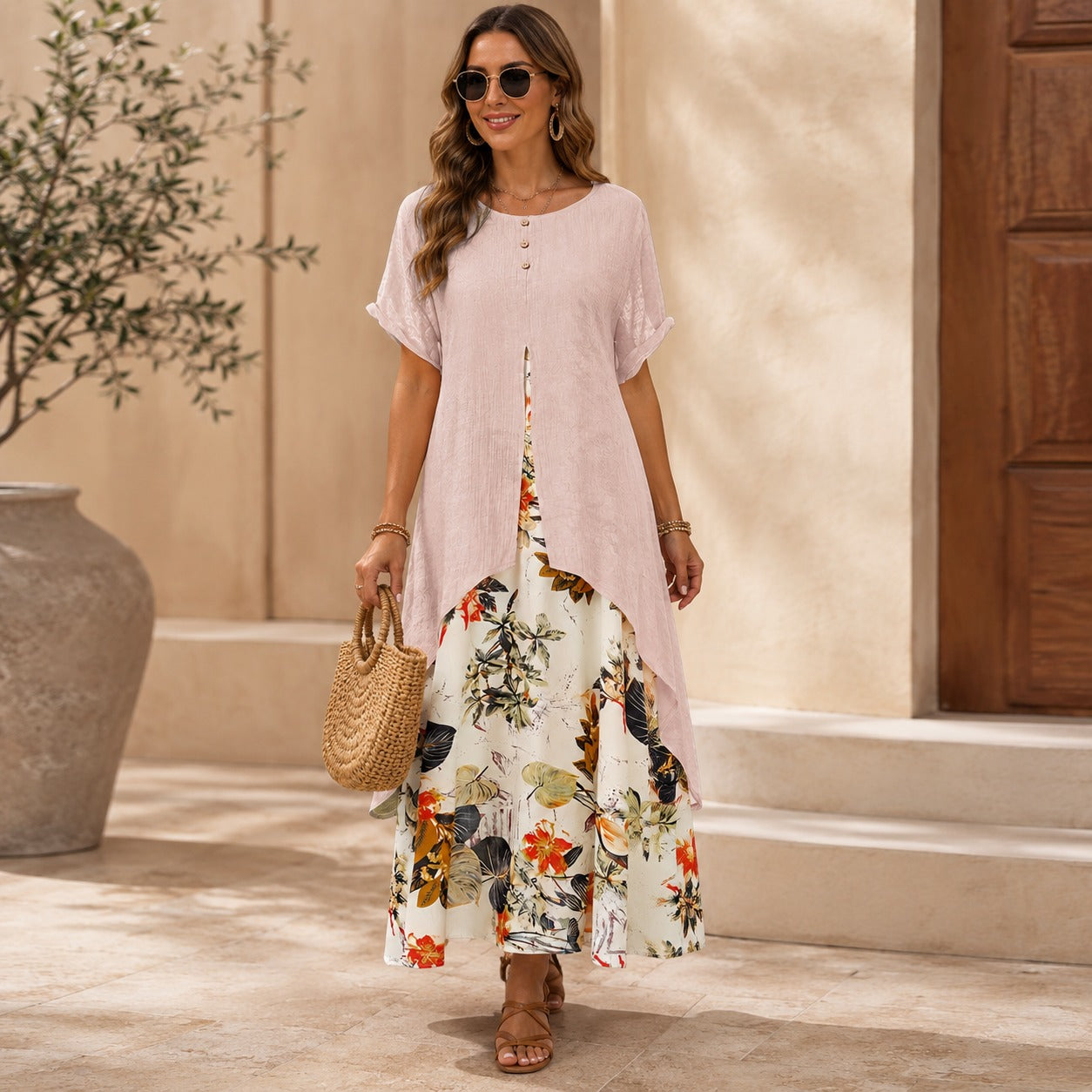 Dress Elisabeth™ Two-Piece Effect with Long Overlay and Floral Skirt