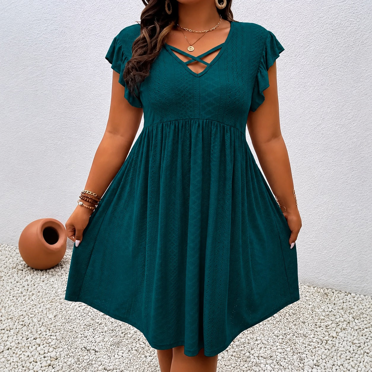 Dress Maribel™ with Crisscross V-Neck, Flutter Sleeves and Flowy Skirt