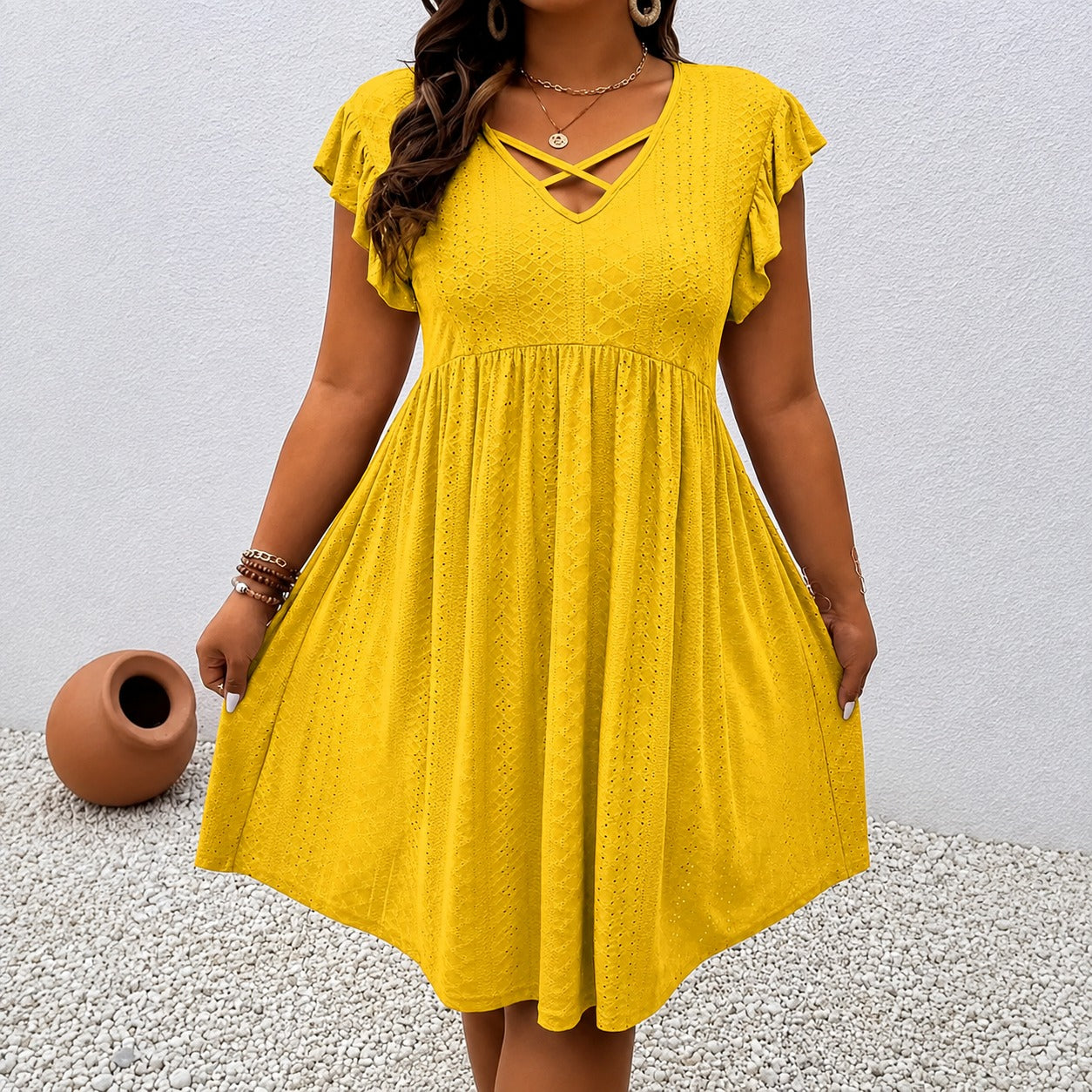 Dress Maribel™ with Crisscross V-Neck, Flutter Sleeves and Flowy Skirt