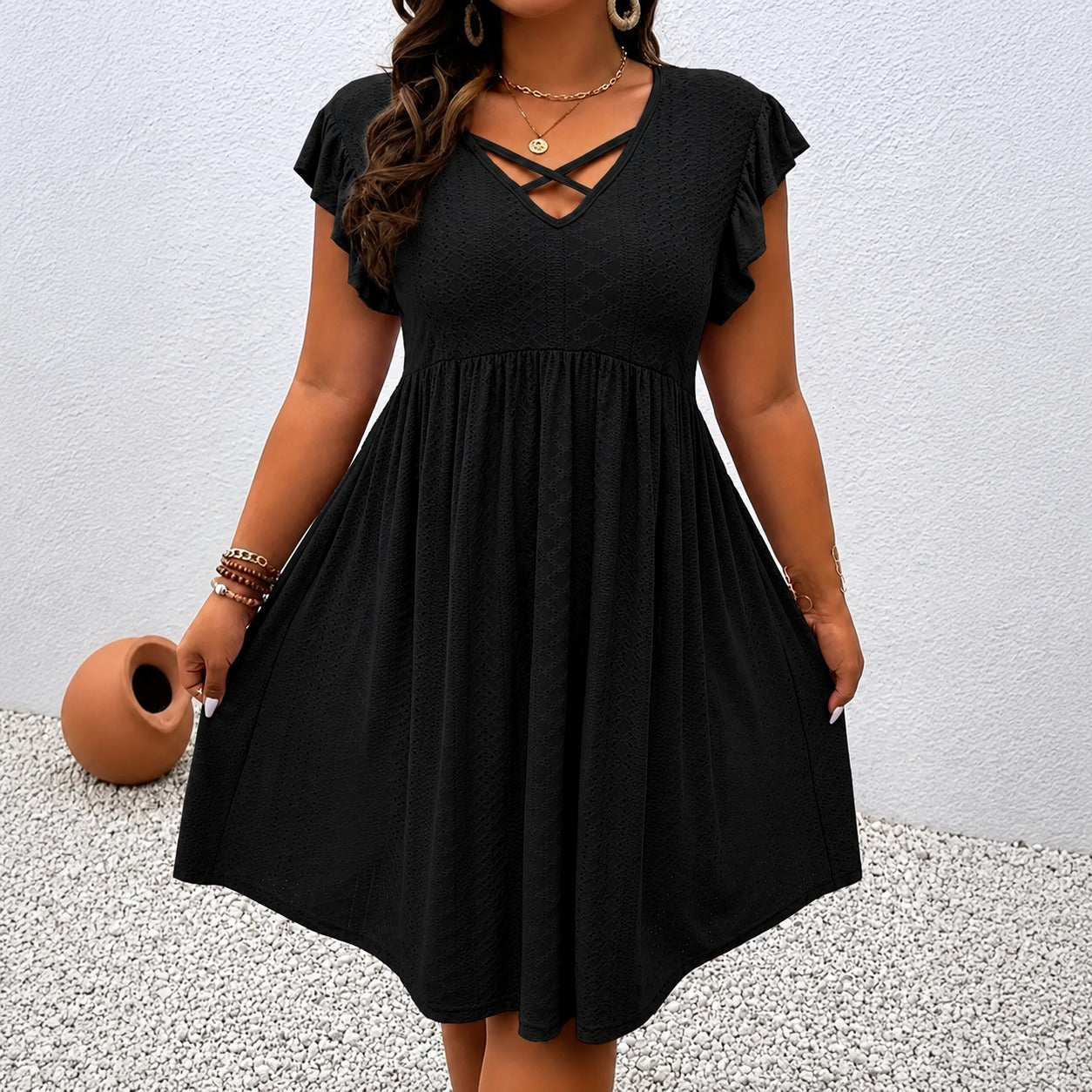 Dress Maribel™ with Crisscross V-Neck, Flutter Sleeves and Flowy Skirt