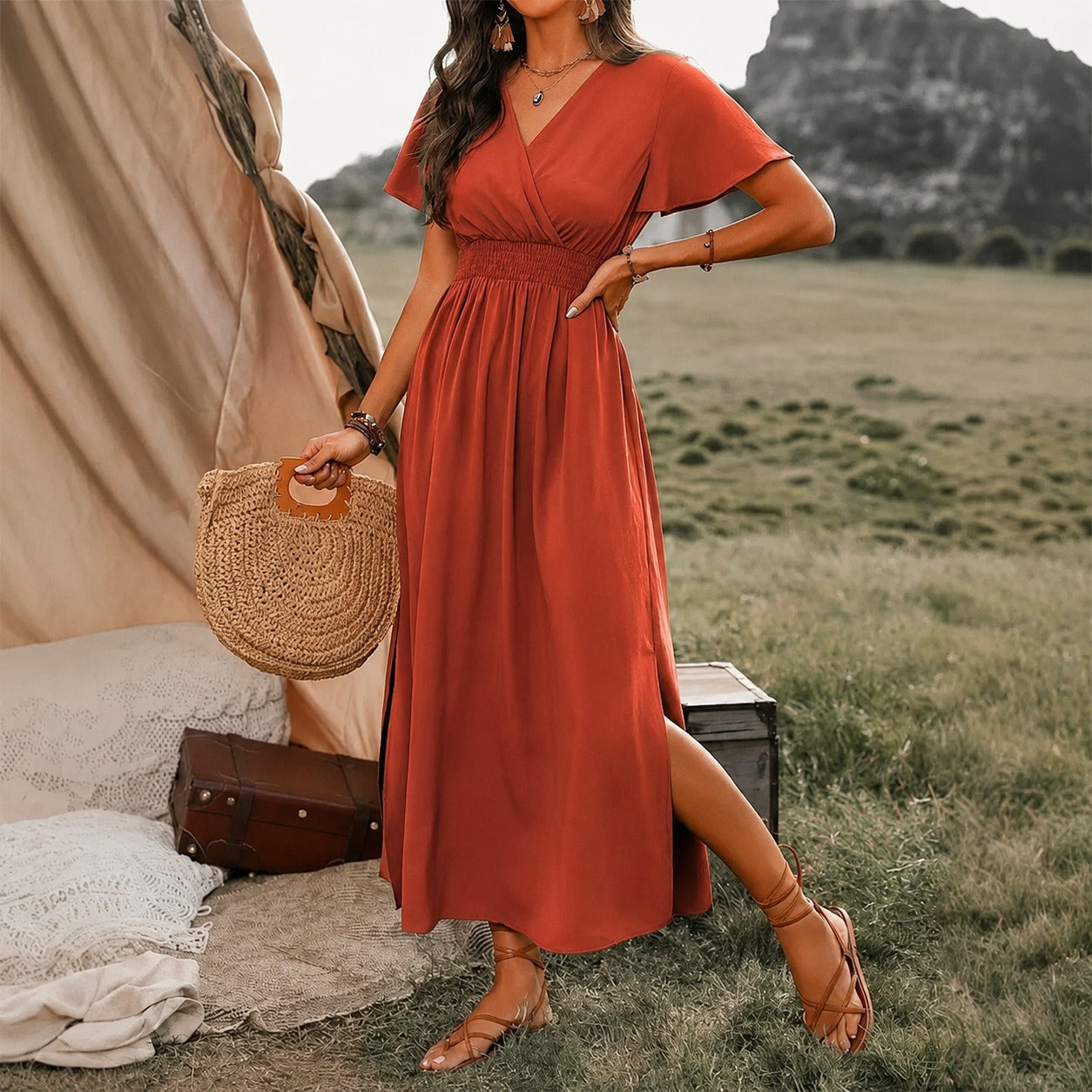 Dress Celine™ with Wrap V-Neck and Smocked Defined Waist