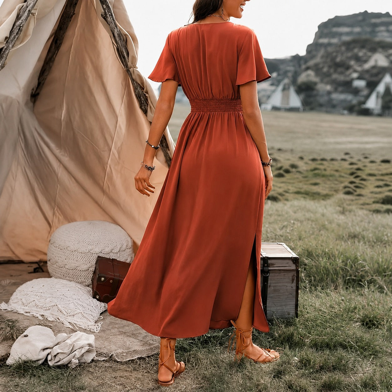 Dress Celine™ with Wrap V-Neck and Smocked Defined Waist