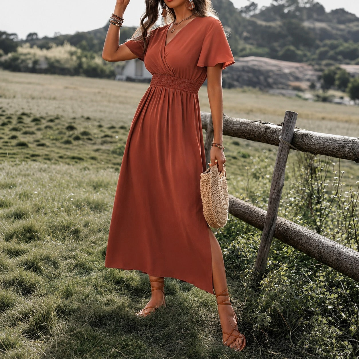 Dress Celine™ with Wrap V-Neck and Smocked Defined Waist