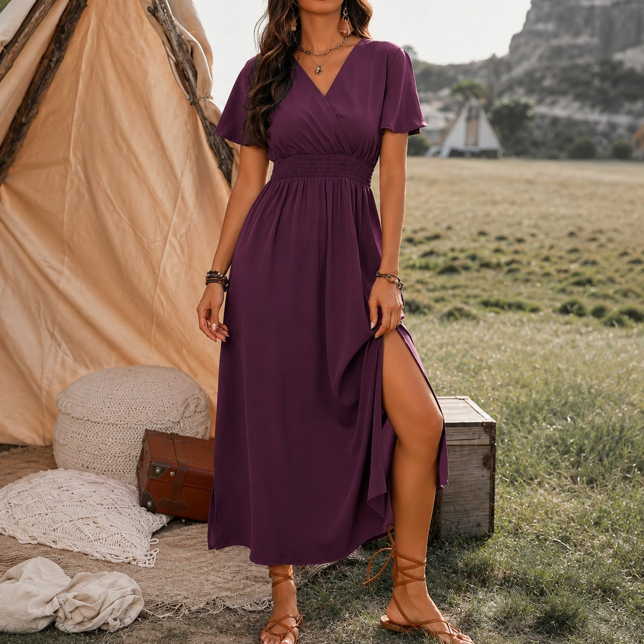 Dress Celine™ with Wrap V-Neck and Smocked Defined Waist