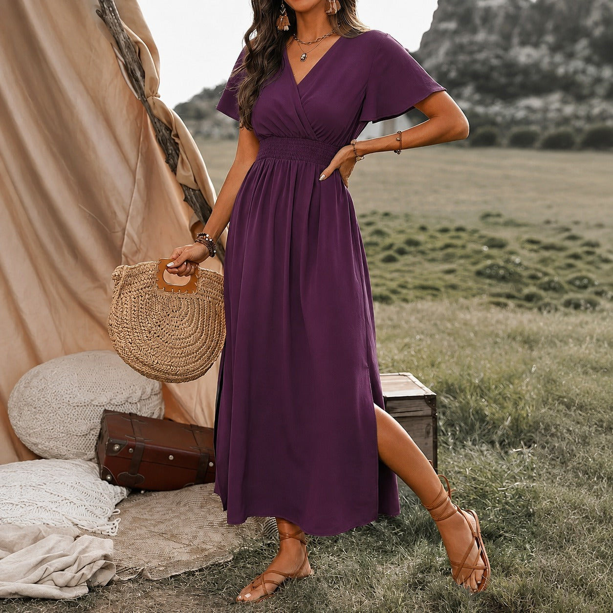 Dress Celine™ with Wrap V-Neck and Smocked Defined Waist