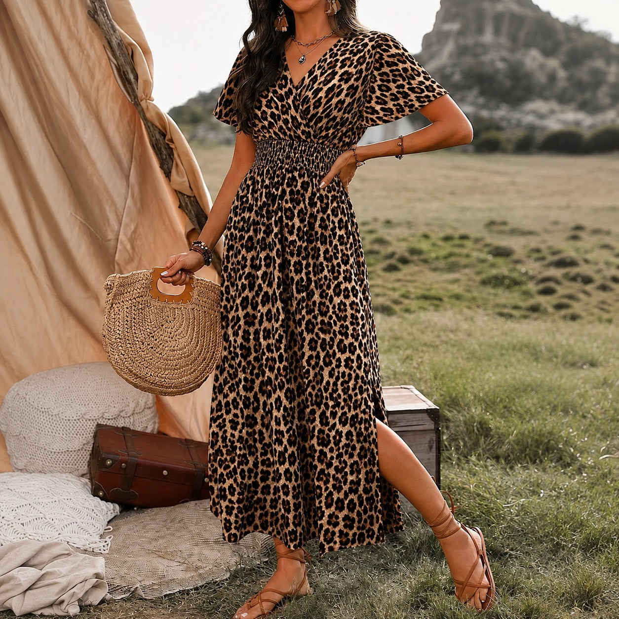 Dress Celine™ with Wrap V-Neck and Smocked Defined Waist