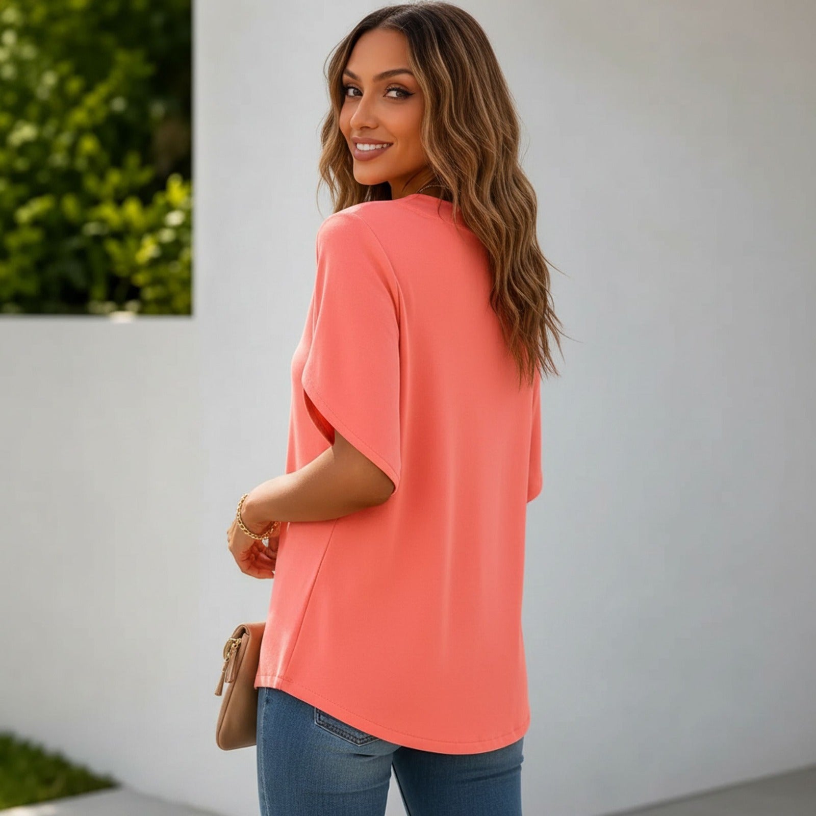 Arielle™ Blouse with V-Neckline, Minimalist Design and Side-Slit Sleeves
