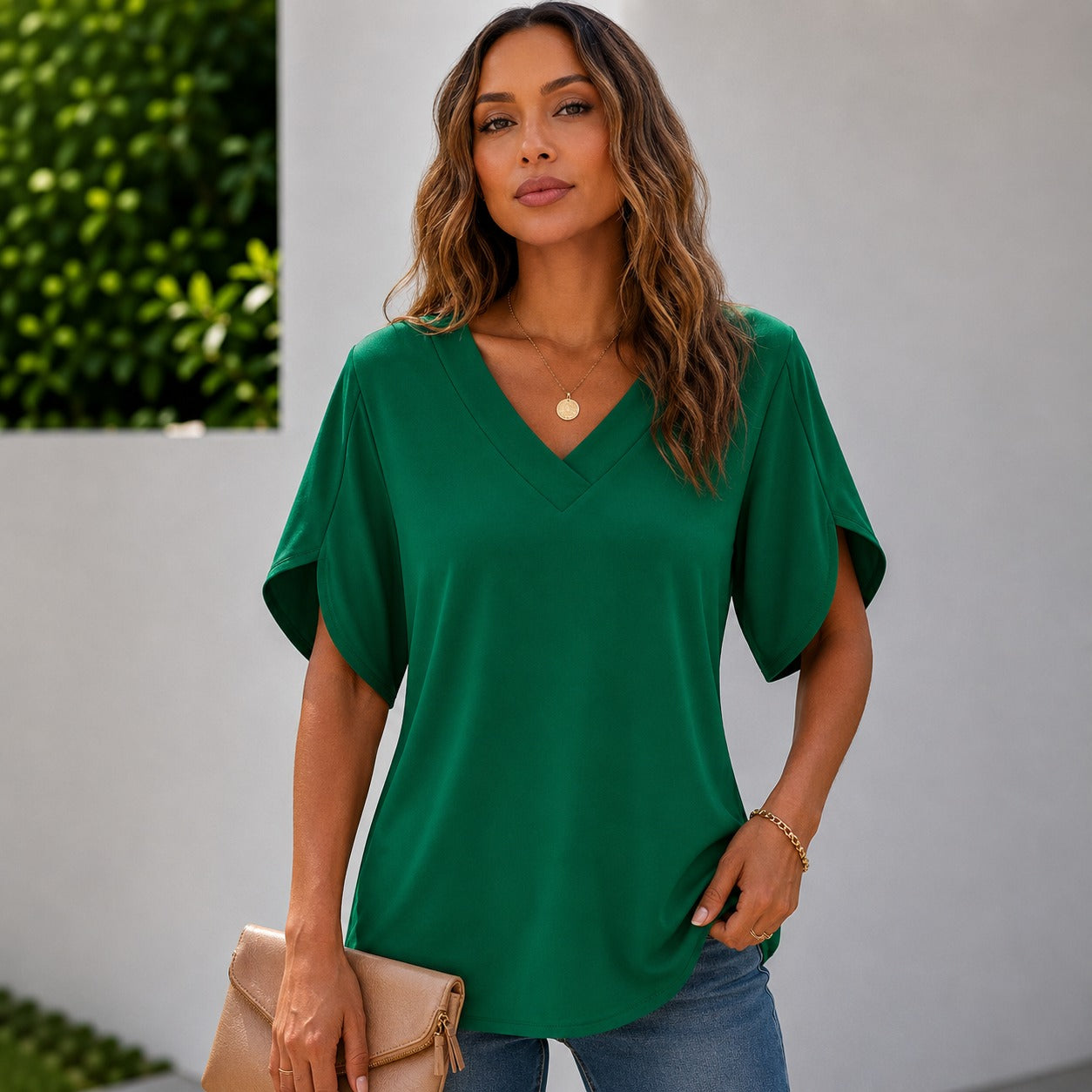 Arielle™ Blouse with V-Neckline, Minimalist Design and Side-Slit Sleeves