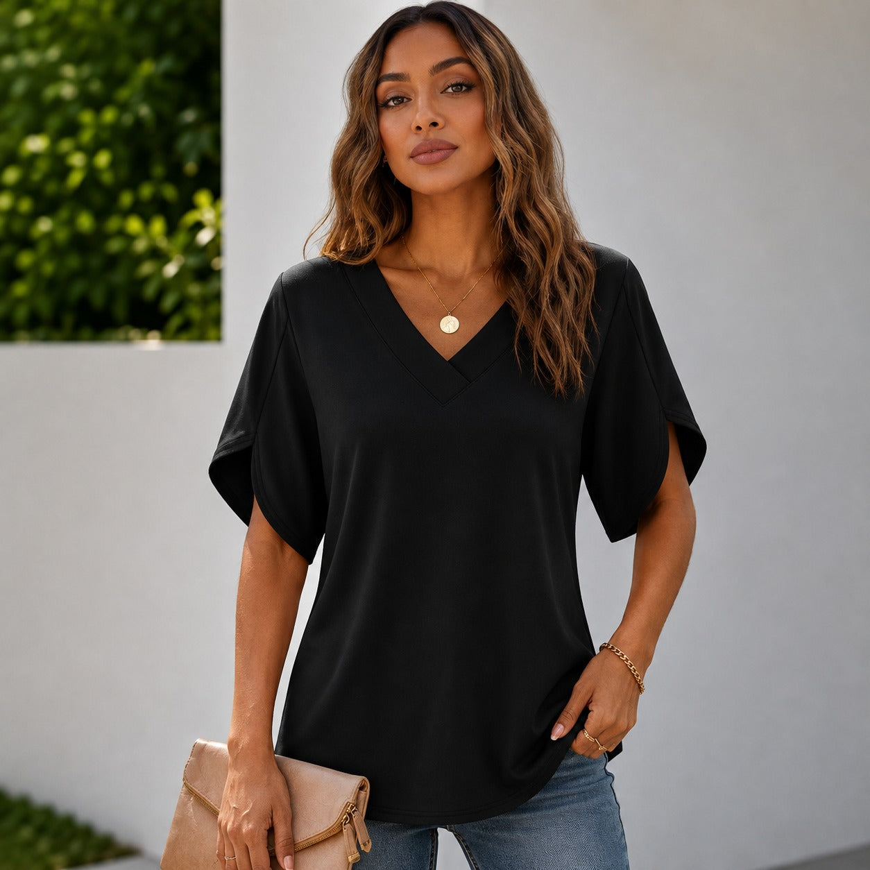Arielle™ Blouse with V-Neckline, Minimalist Design and Side-Slit Sleeves