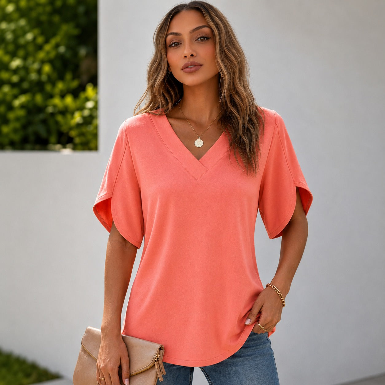 Arielle™ Blouse with V-Neckline, Minimalist Design and Side-Slit Sleeves