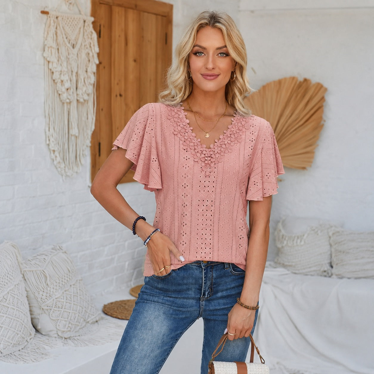 Blouse Lucia™ with Floral V-Neck, Eyelet Texture and Flutter Sleeves