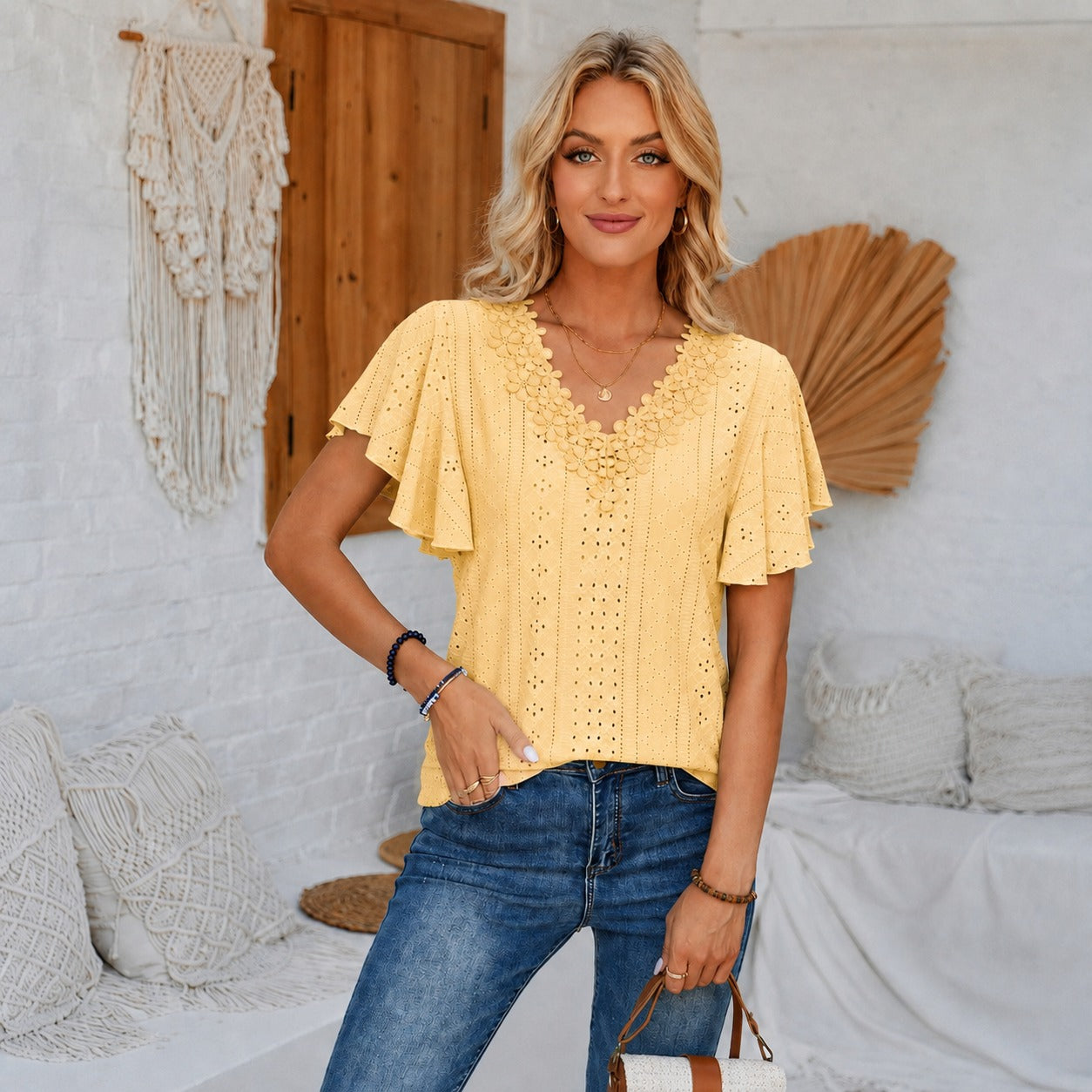 Blouse Lucia™ with Floral V-Neck, Eyelet Texture and Flutter Sleeves