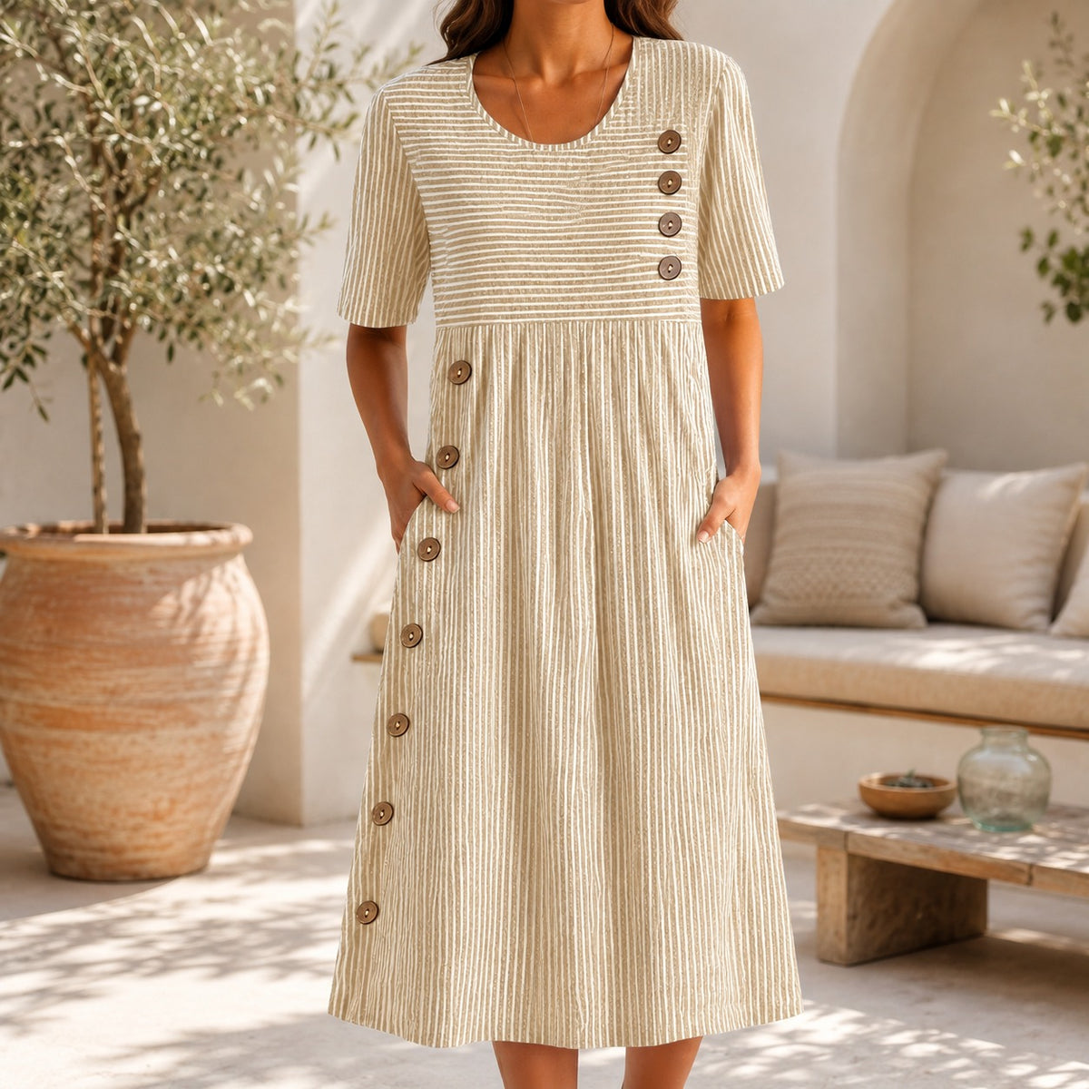 Elvanna™ Striped Dress with Decorative Button Details