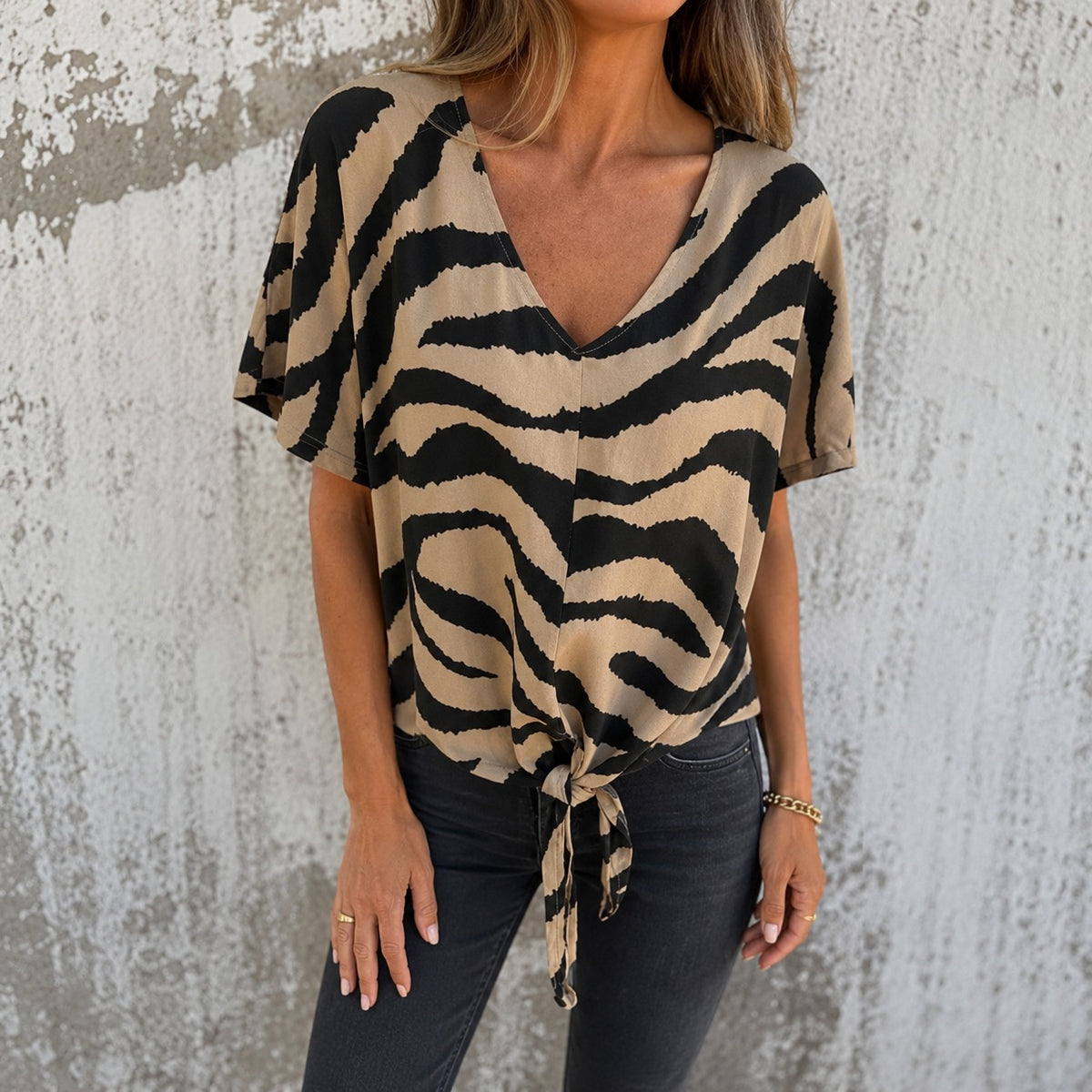 Calena™ Animal Print Blouse with V-Neck and Front Tie