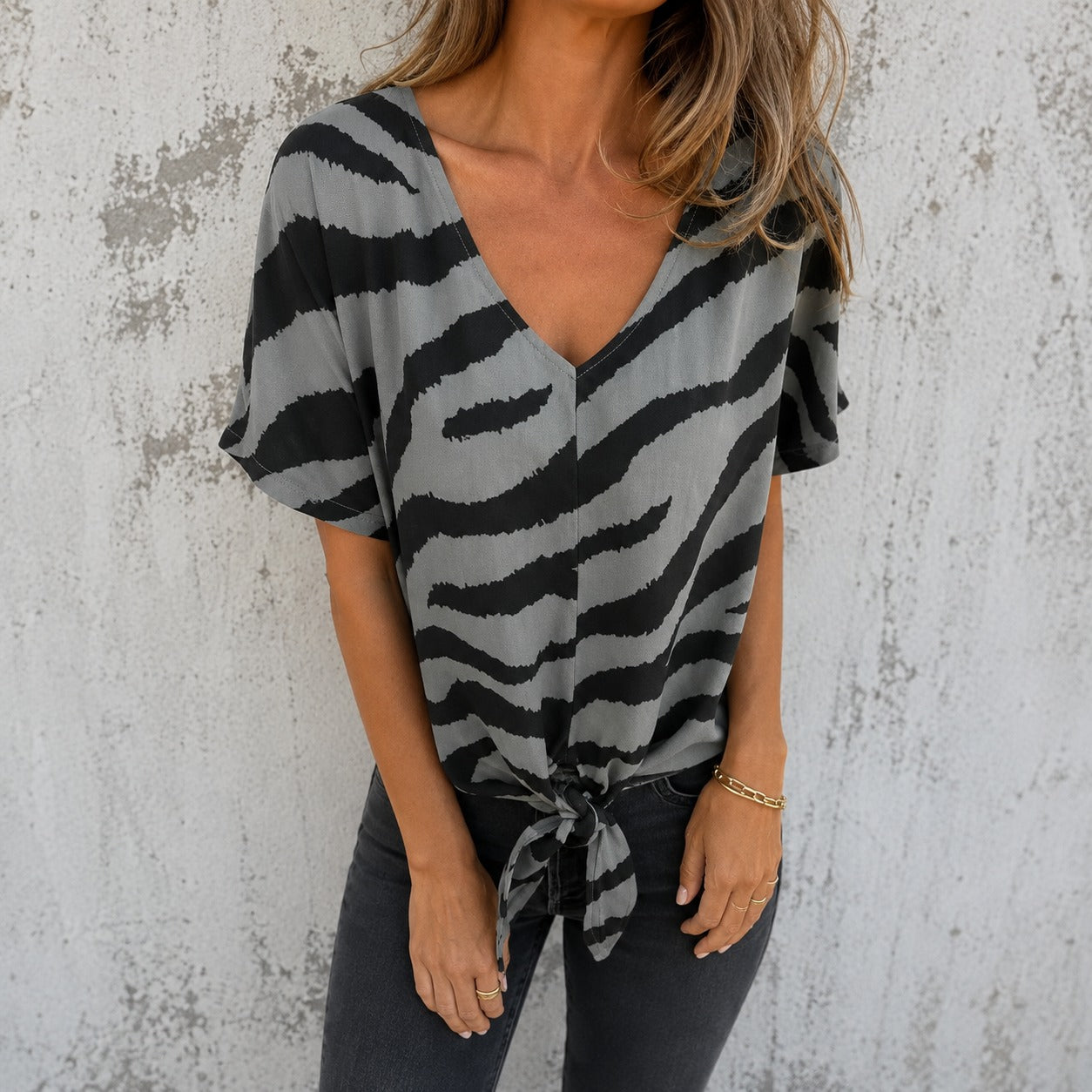 Calena™ Animal Print Blouse with V-Neck and Front Tie