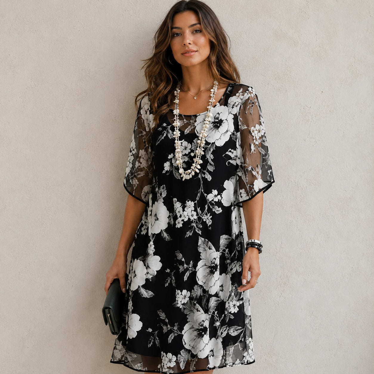Dress Elodie™ with Round Neck and Floral Print