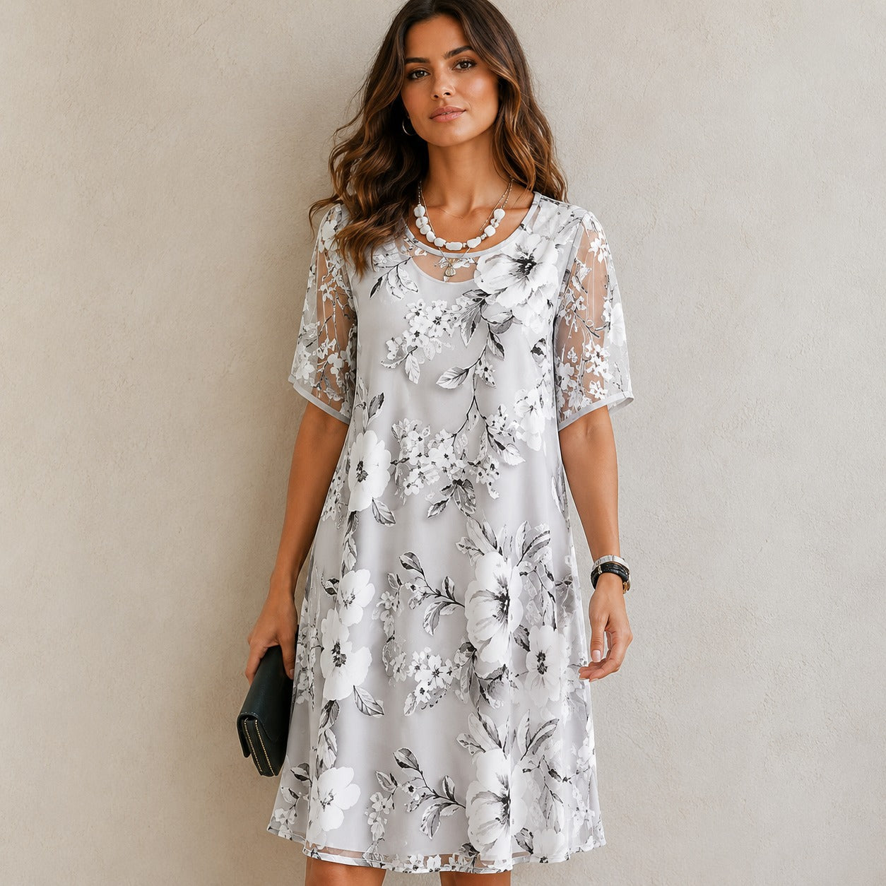 Dress Elodie™ with Round Neck and Floral Print