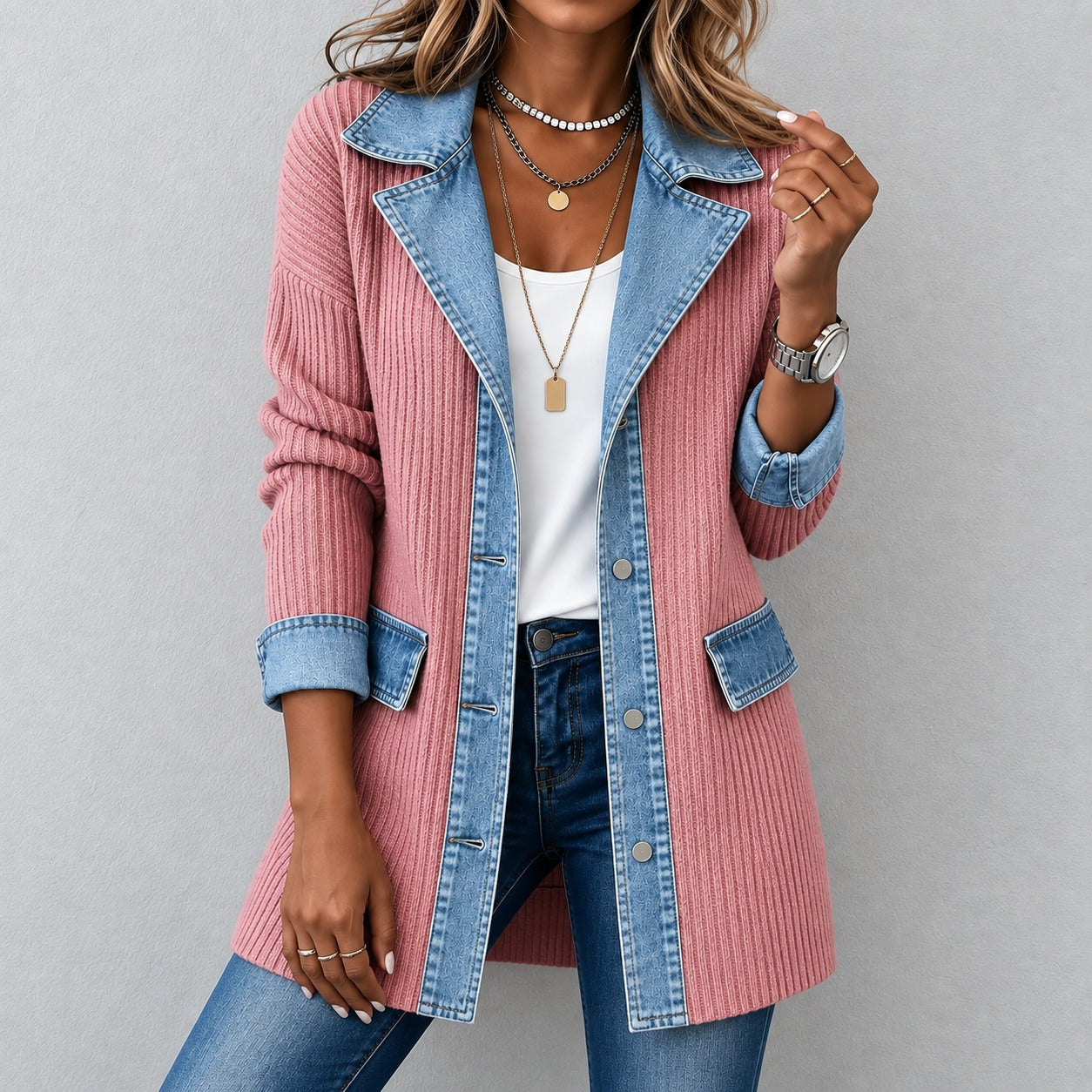 Jacket Caroline™ Longline Ribbed Knit, Denim Trim and Button Front