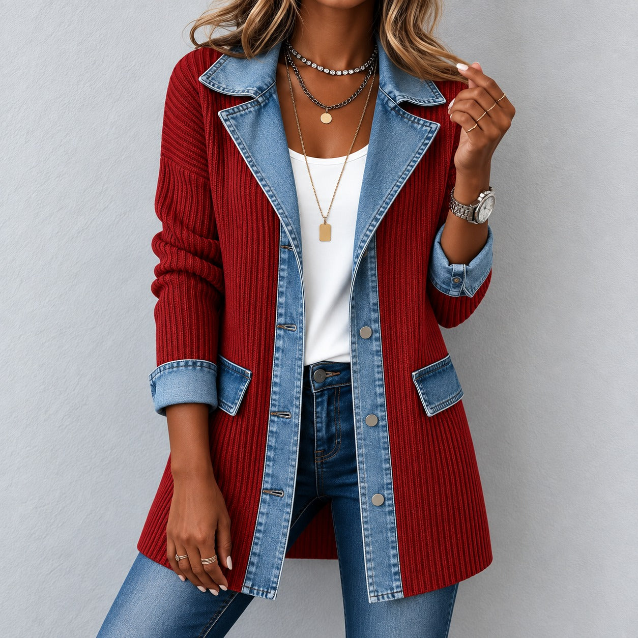 Jacket Caroline™ Longline Ribbed Knit, Denim Trim and Button Front