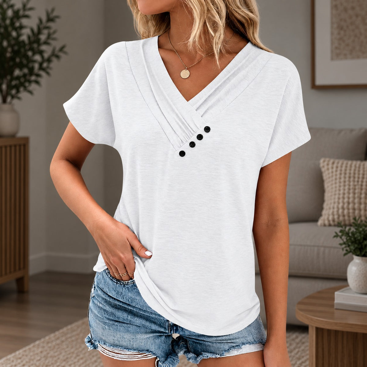 Blouse Cecily™ with Layered V-Neck and Relaxed Fit