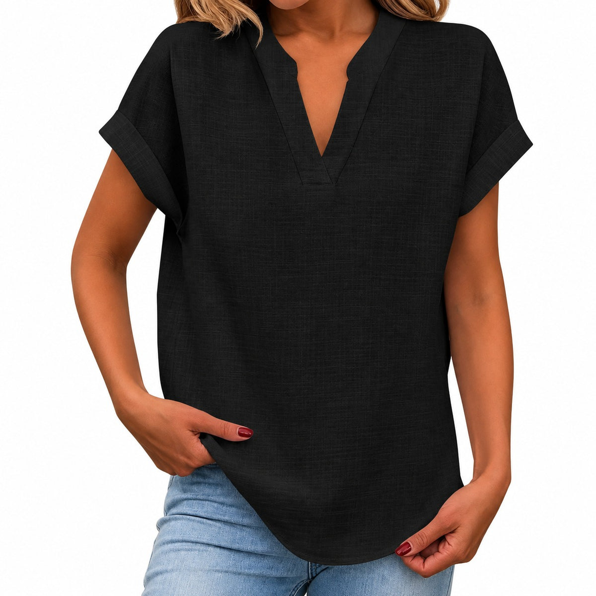 Maira™ Blouse with Folded Short Sleeves and Rounded Hem
