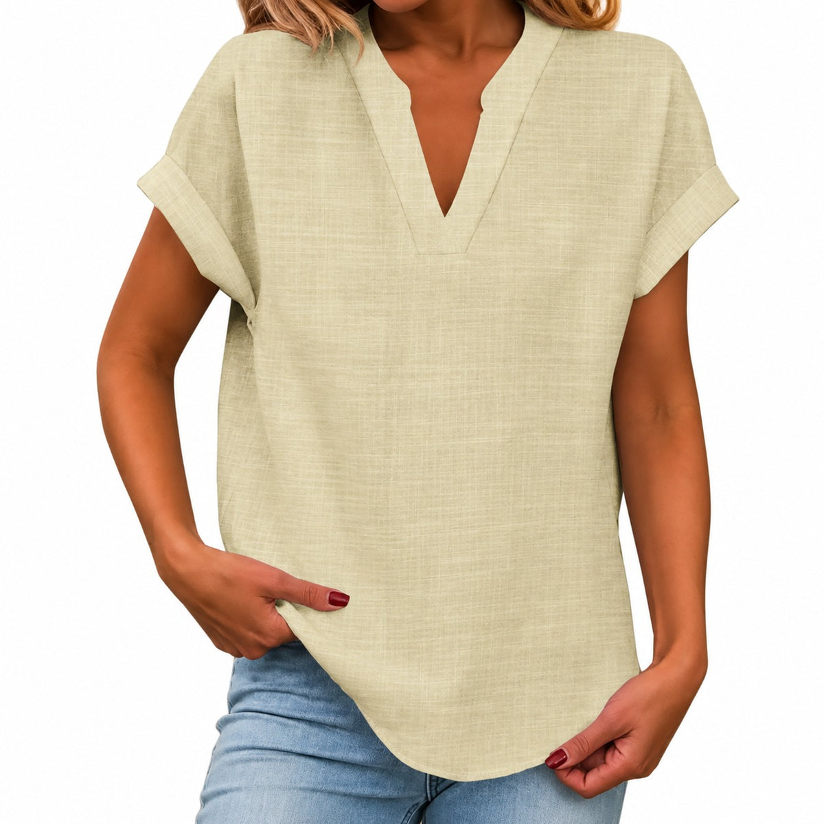 Maira™ Blouse with Folded Short Sleeves and Rounded Hem