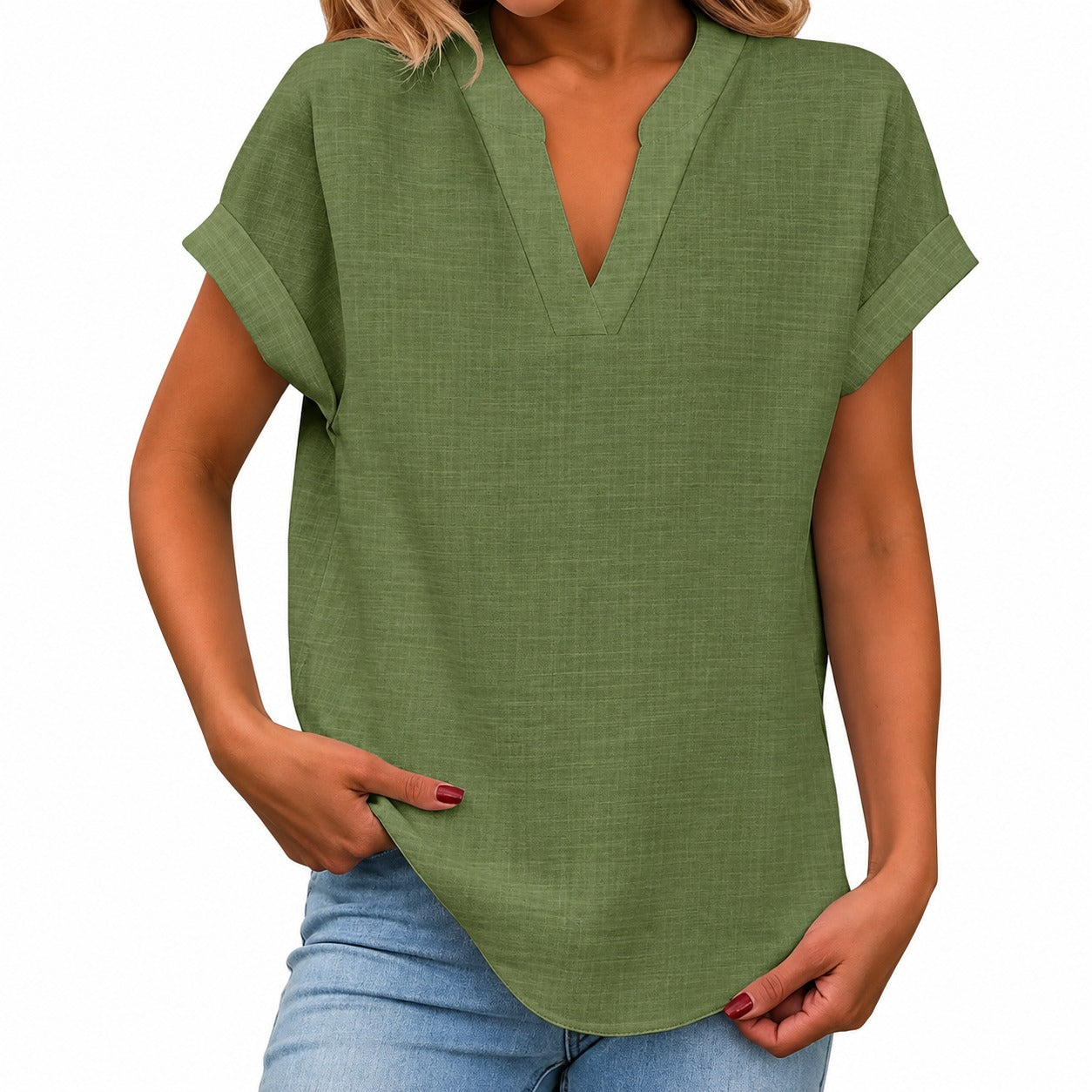 Maira™ Blouse with Folded Short Sleeves and Rounded Hem