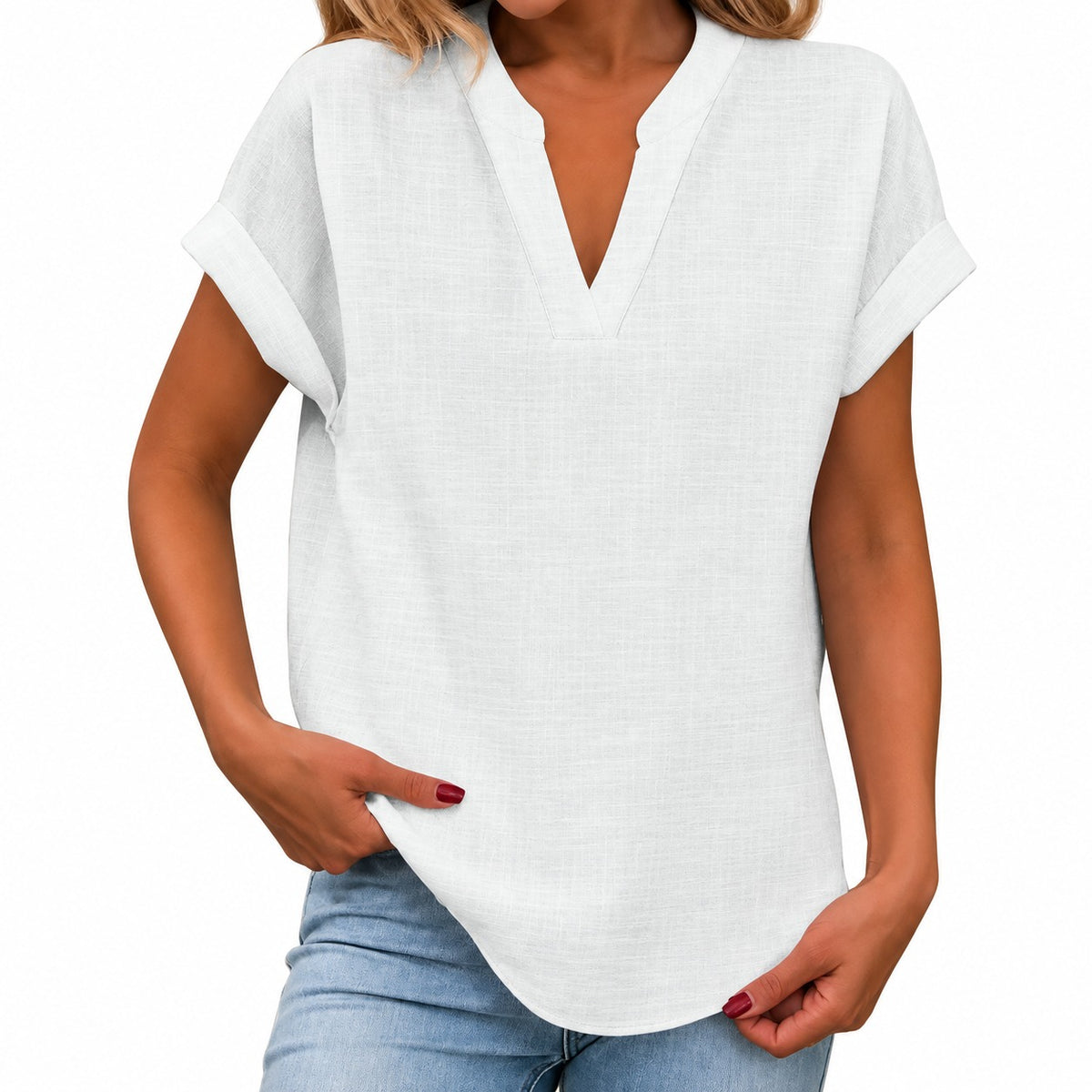 Maira™ Blouse with Folded Short Sleeves and Rounded Hem