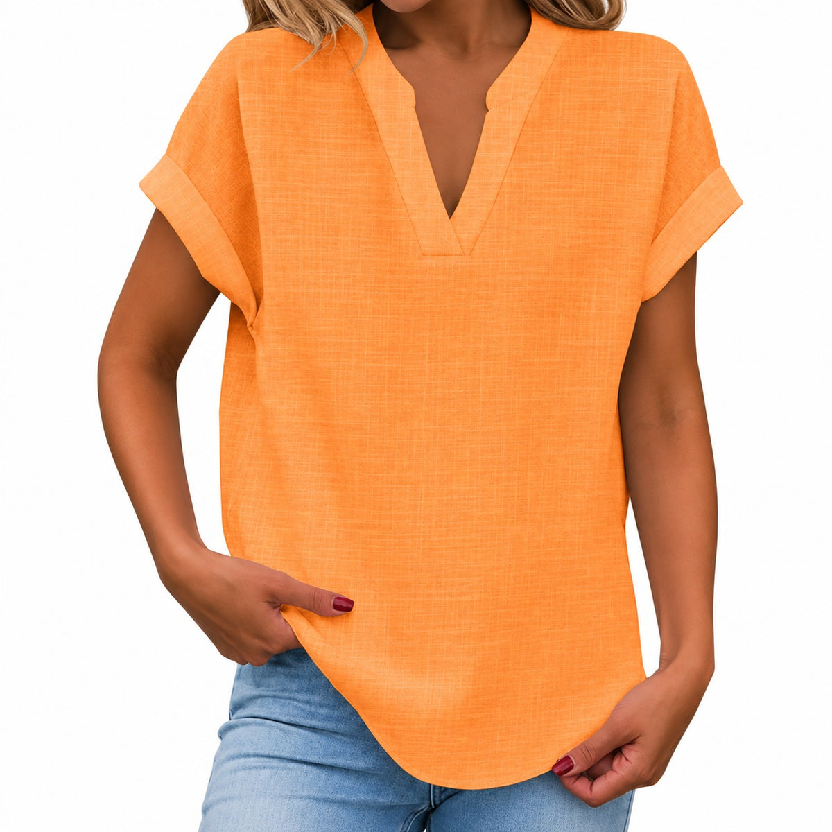 Maira™ Blouse with Folded Short Sleeves and Rounded Hem