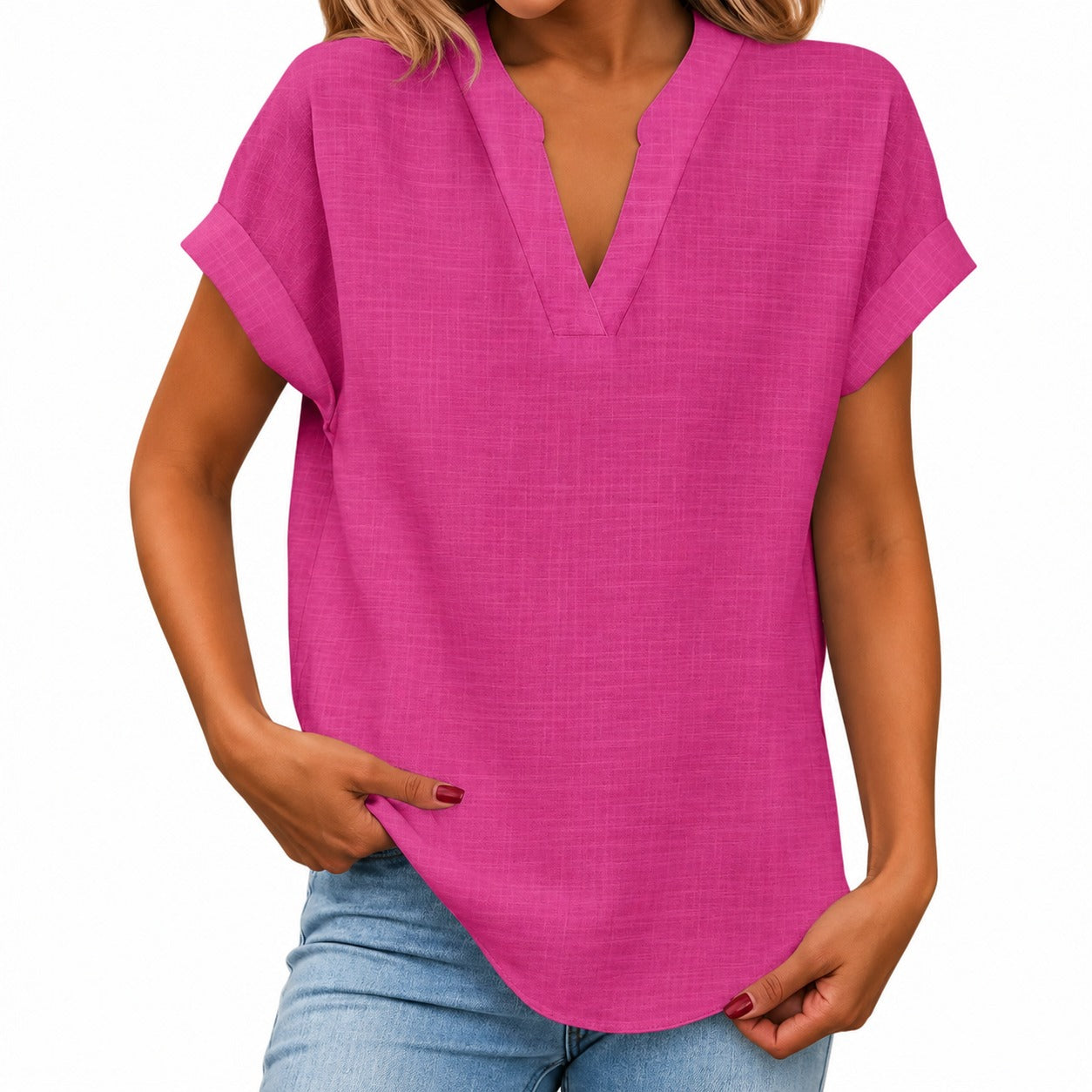 Maira™ Blouse with Folded Short Sleeves and Rounded Hem