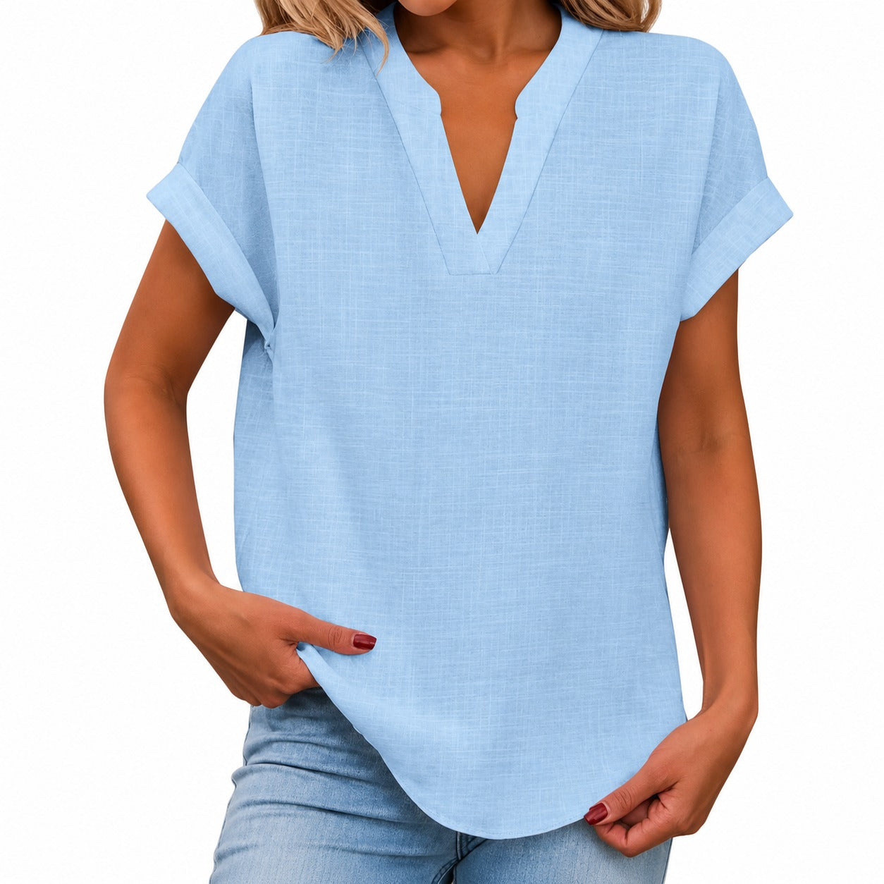Maira™ Blouse with Folded Short Sleeves and Rounded Hem