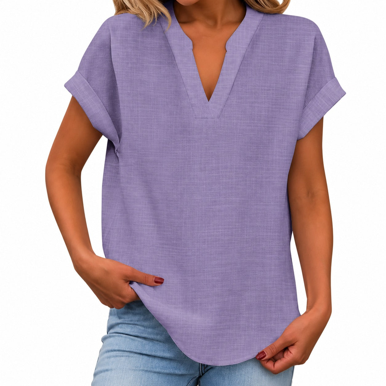 Maira™ Blouse with Folded Short Sleeves and Rounded Hem