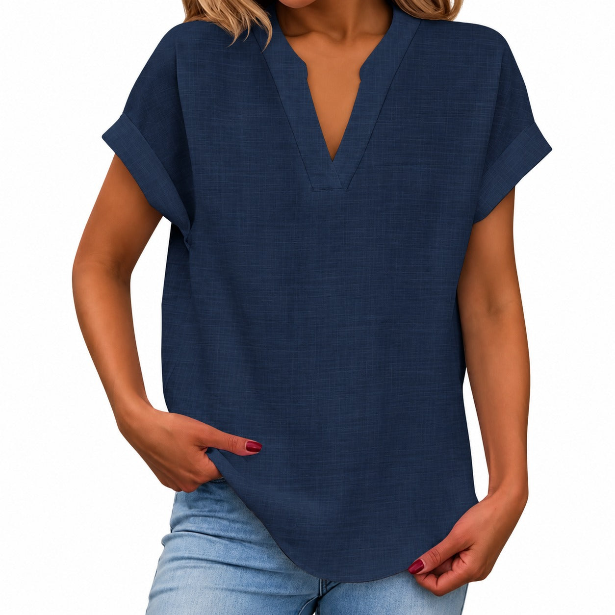 Maira™ Blouse with Folded Short Sleeves and Rounded Hem