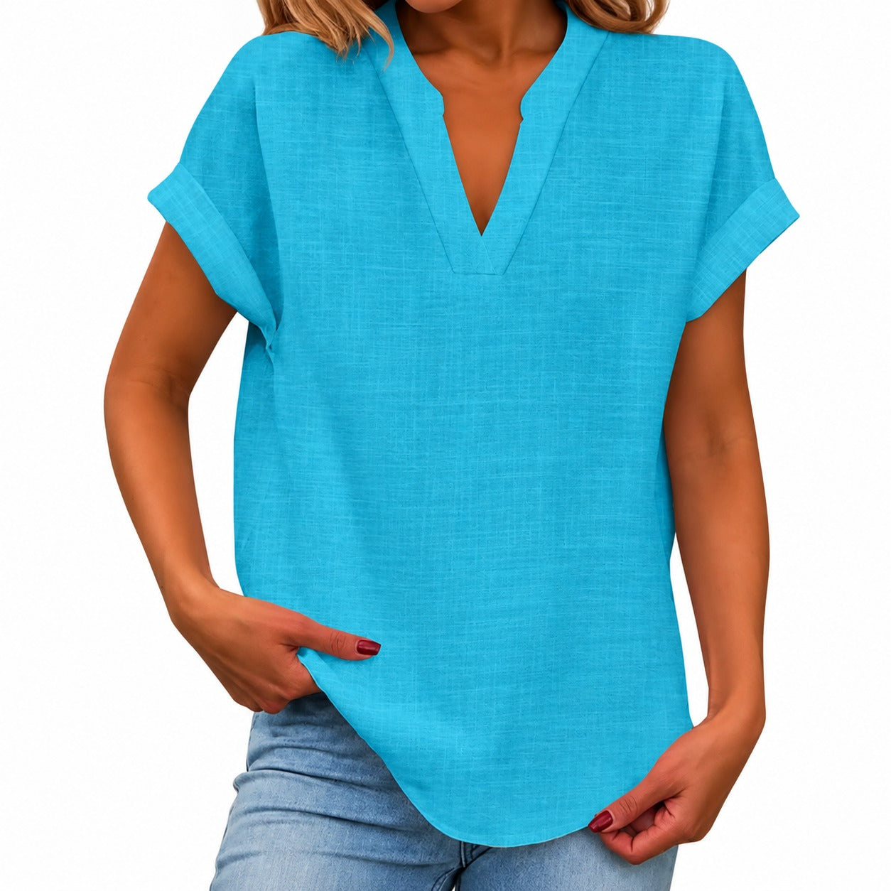 Maira™ Blouse with Folded Short Sleeves and Rounded Hem