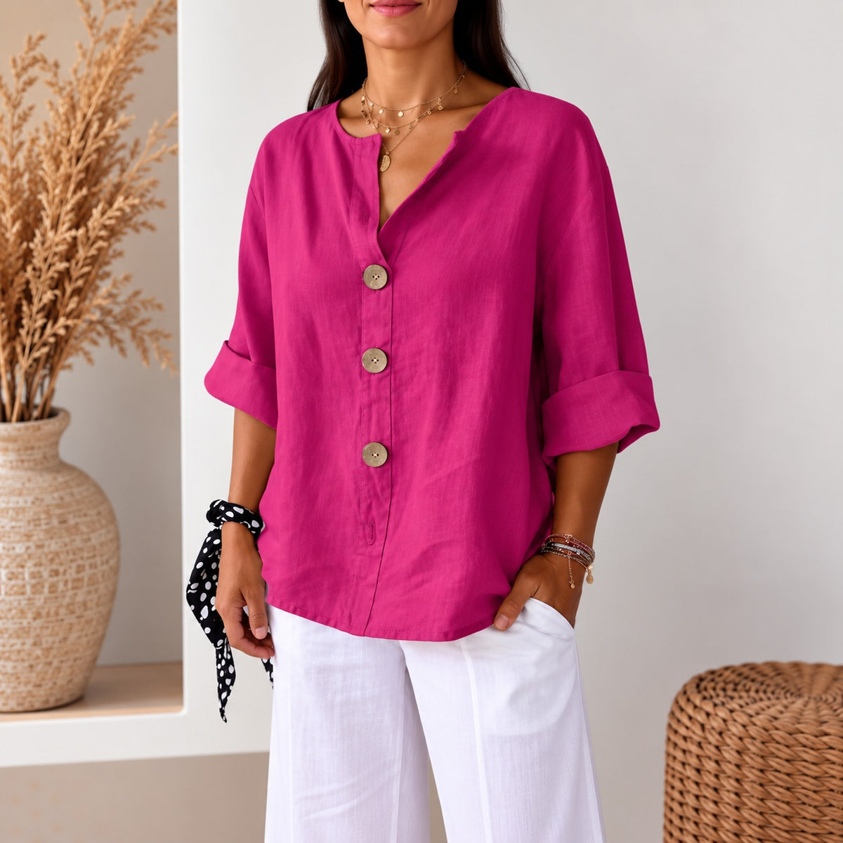 Avelora™ Blouse with Relaxed Fit, Front Buttons and Easy Drape