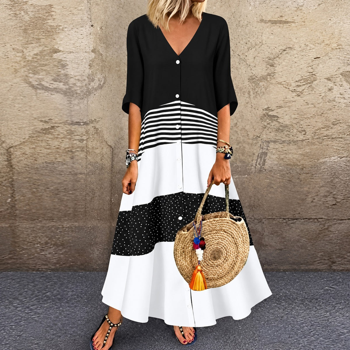 Dress Corinne™ with Contrast Panels and Button Front